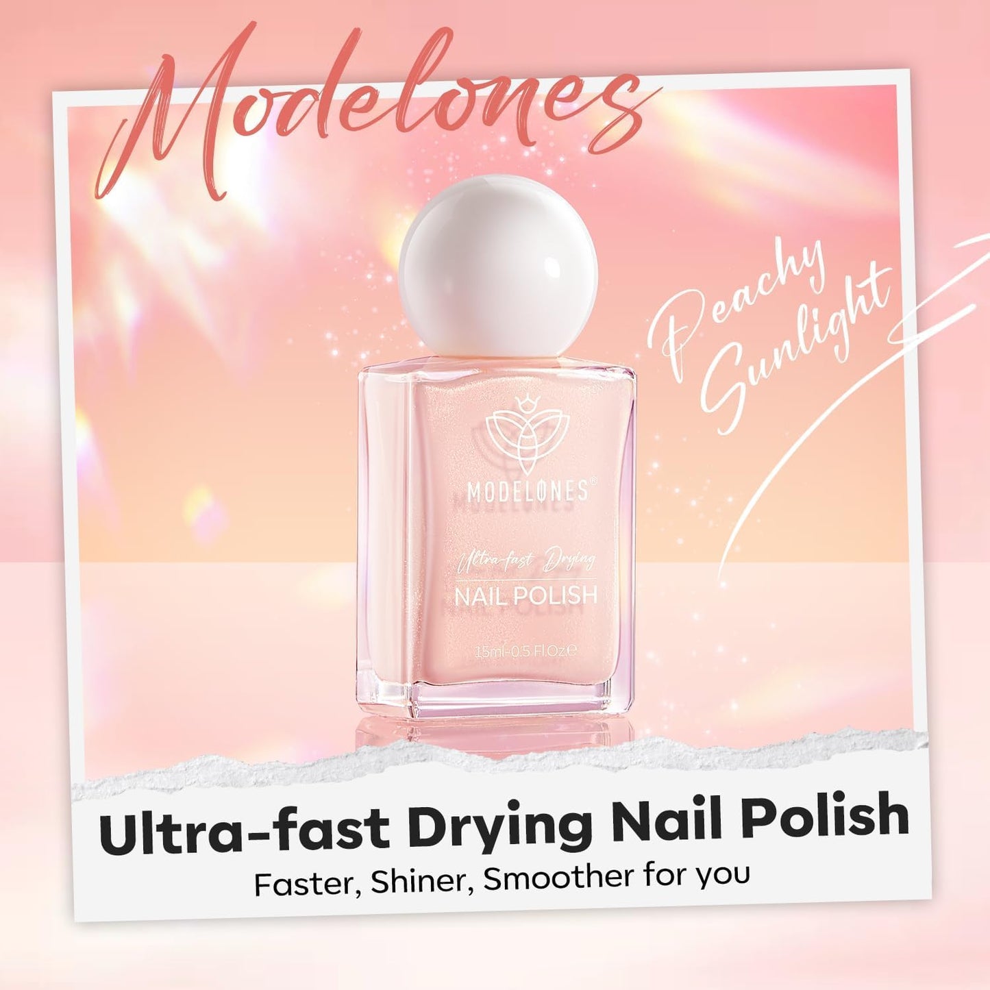 modelones Shimmer Pink Nail Polish, 15 ml Peachy Pink Iridescent Quick Dry Nail Lacquer Strengthener Long Last Shine Fingernail Toe Nail Art DIY Home Travel Manicure Gift for Women Girls 0.5 Fl Oz