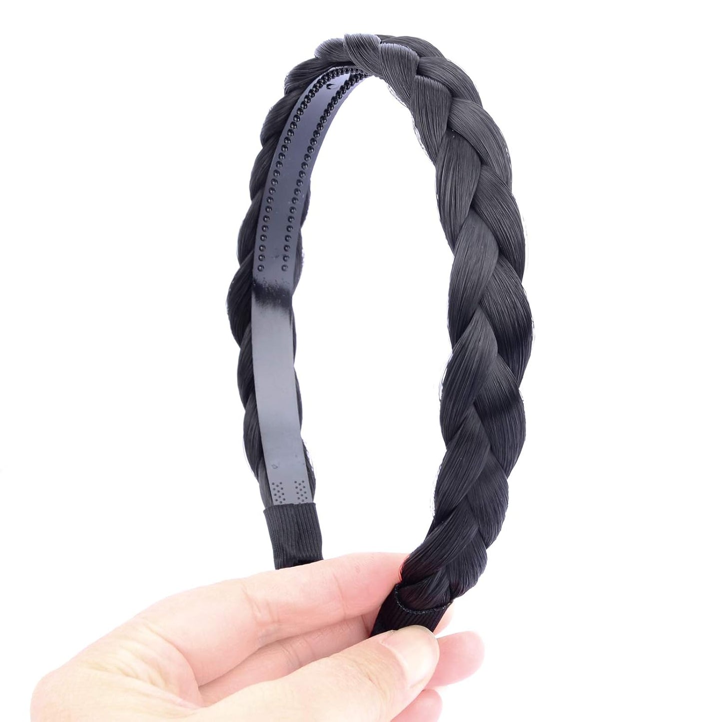 DIGUAN Width 0.6 inches Narrow Synthetic Hair Plaited Headband Braid With Teeth Hair Band Accessories for Women Girl (Natural Black)