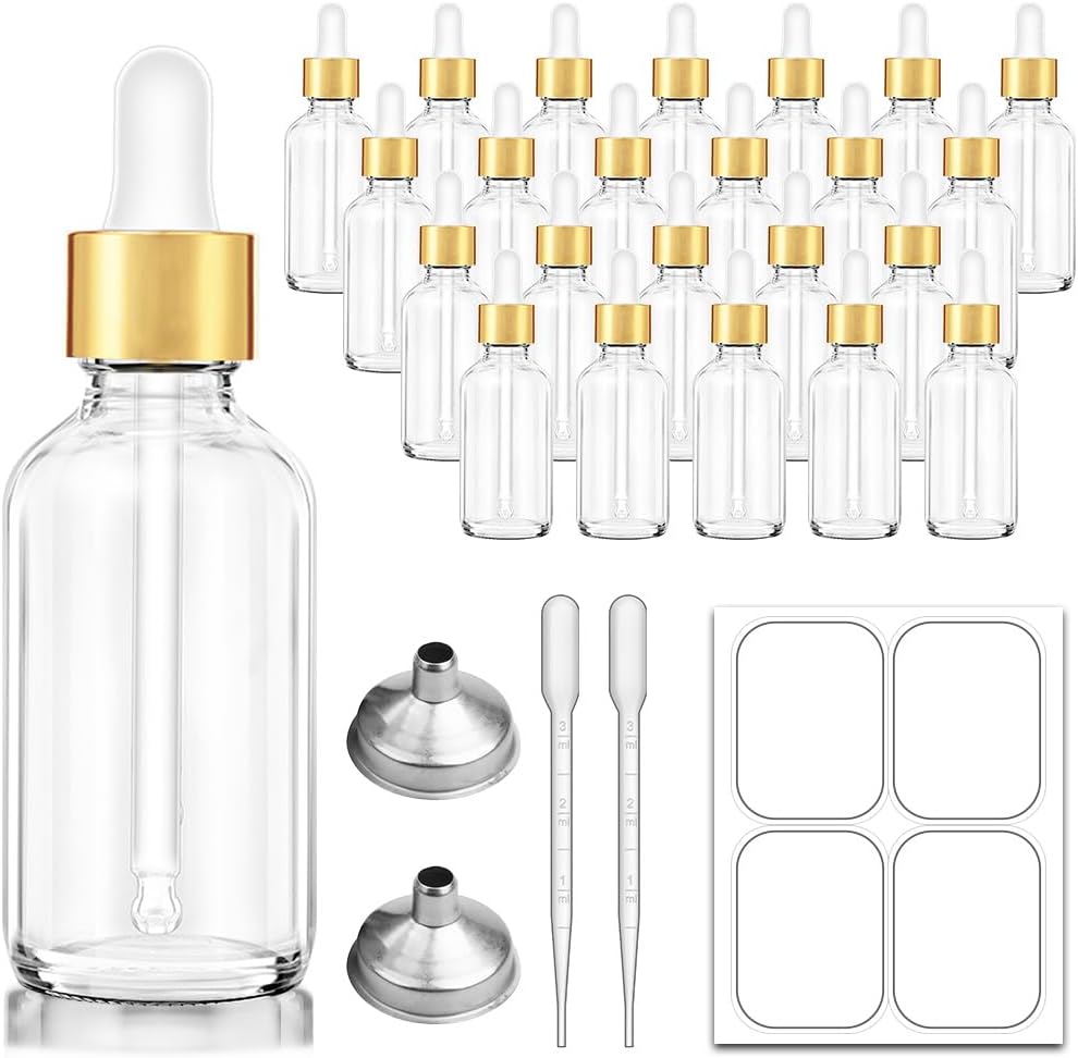 Bumobum 2 oz Dropper Bottle, 24 pack Clear Glass Eye Dropper Bottles with Golden Top Cap for Essential Oils, Tincture Bottle with Labels and Funnel