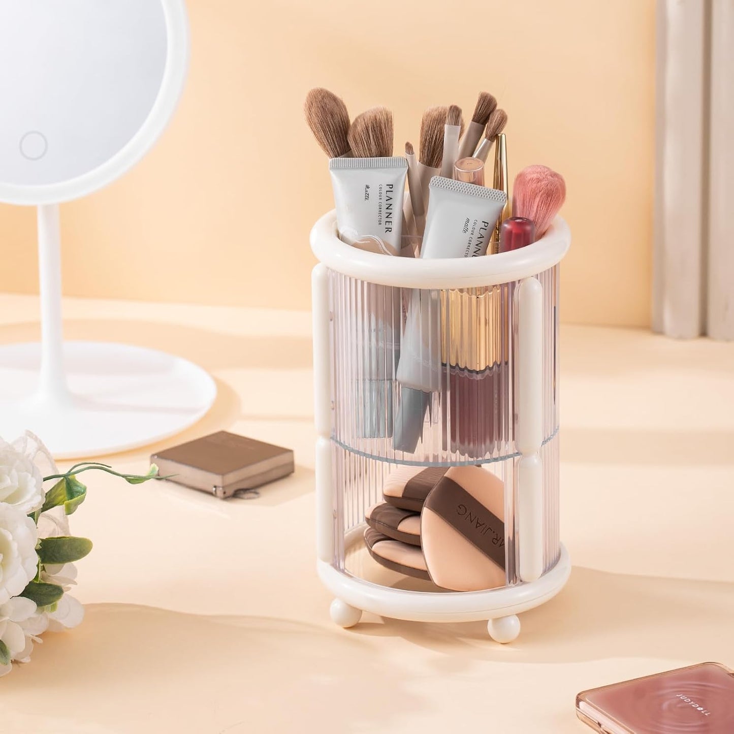 Makeup Brush Holder, 2 Tier Clear Cosmetic Tools Organizer, Round Makeup Organizer for Vanity Countertop (Milky White)