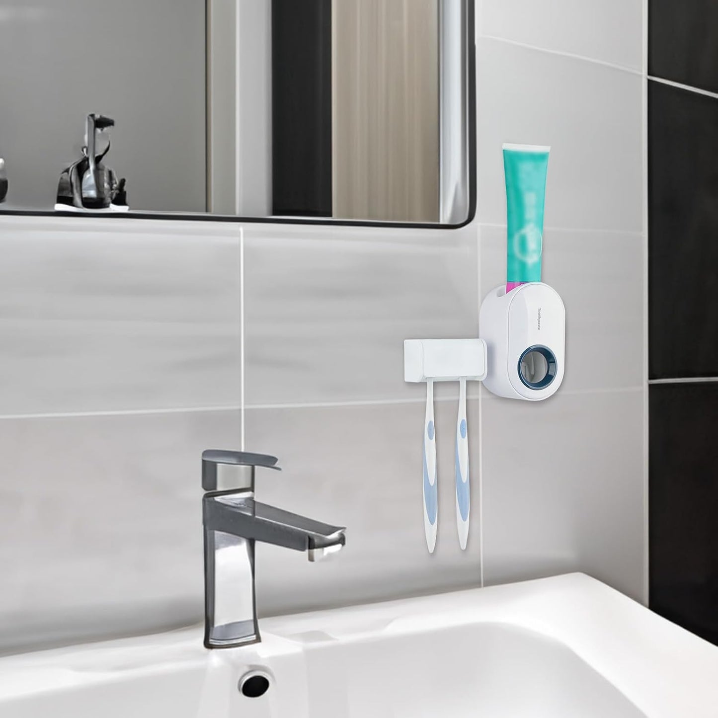 Toothbrush Holder Wall Mounted with Cover for Bathroom, 2 Slots Toothbrush Storage Organizer for Shower, Self Adhesive Toothbrush Hanger with Automatic Toothpaste Squeezer Dispenser