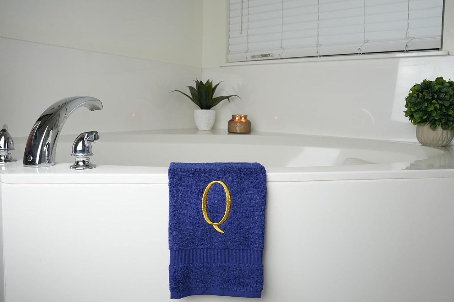 Navy Powder Room Hand Towel - Monogram Initial Hotel Quality Decorative Embroidered Luxury Towel for Spa - GOTS Organic Certified - Set of 2 Gold Letter Q