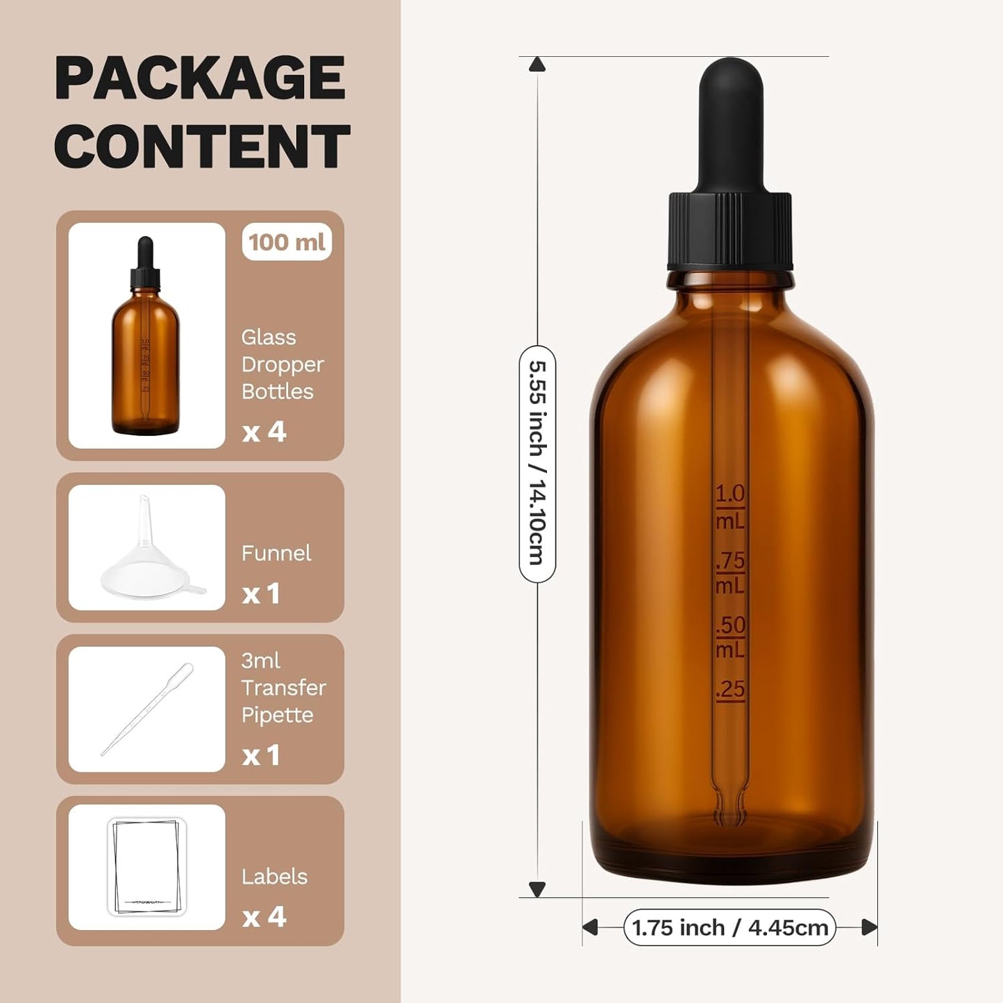 Bumobum 100ml Dropper Bottle, Amber Glass Dropper Bottle with Measured Dropper, 3.4oz Empty Eye Tincture Bottles with Funnel, Pipette & Labels for Essential Hair Oils Serums, 4 Pack