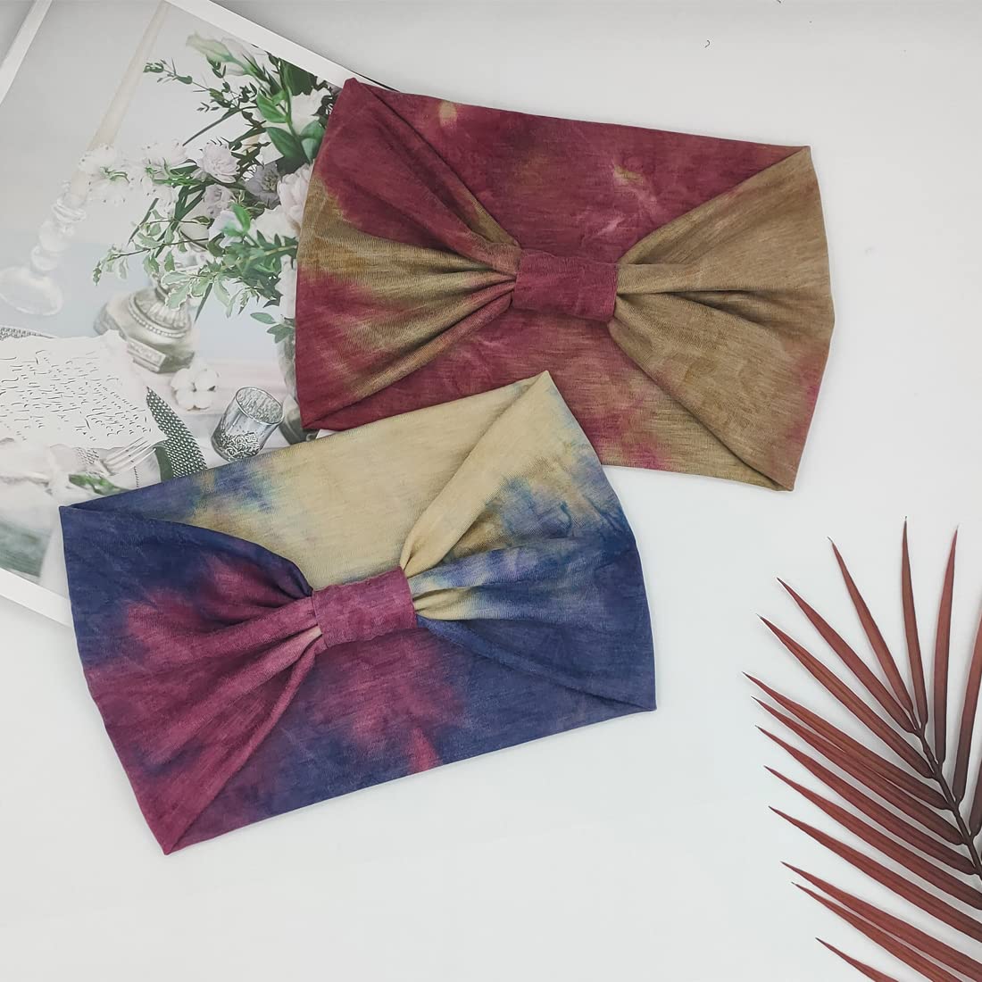 Wide Boho Headbands for Women Fashion Knotted Headband Yoga Workout Hair Accessories African Head Wrap Red Tie Dye 4 Pack