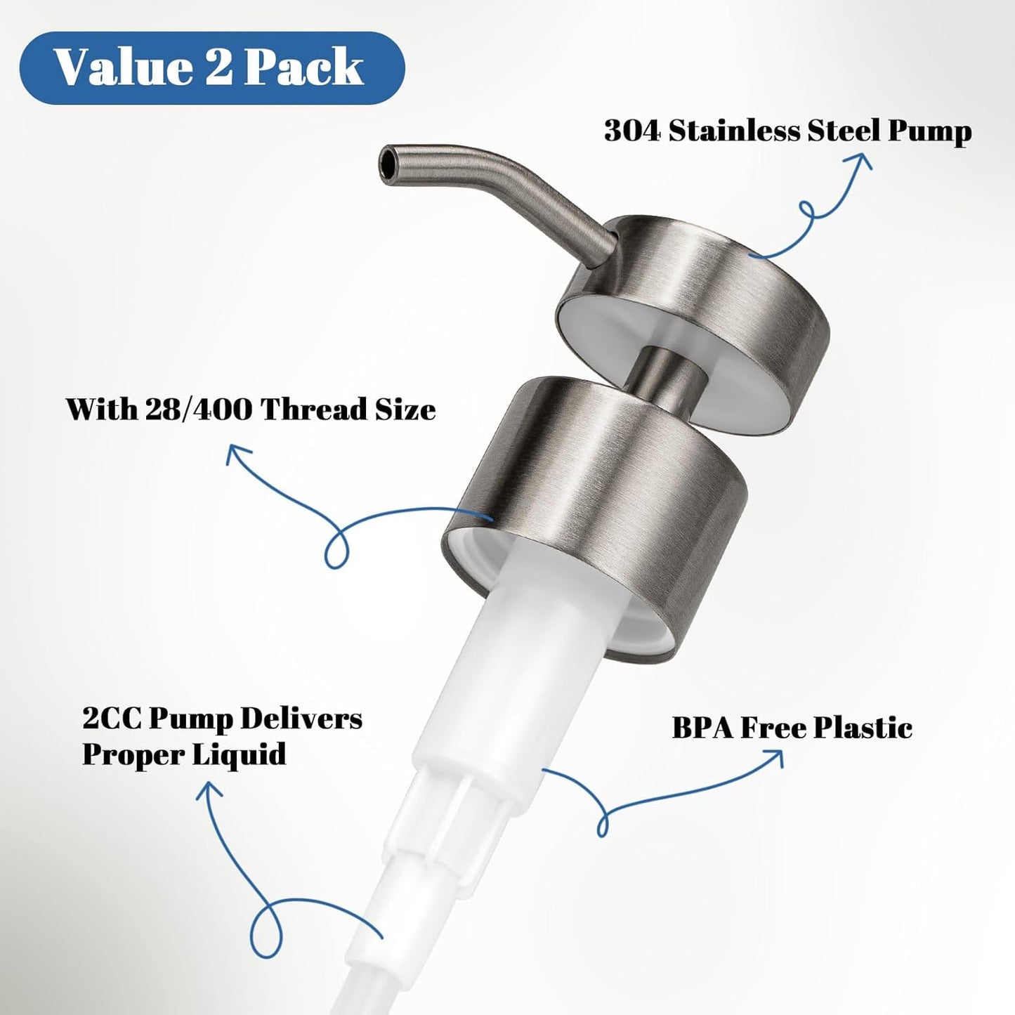 Soap Dispenser Pump Replacement 304 Stainless Steel for Regular Mouth Bottle for Standard 28/400 Thread Size Kitchen Bathroom Lotion Refill Flat Top Dispenser Pumps 2 Pack(Brushed Nickel)