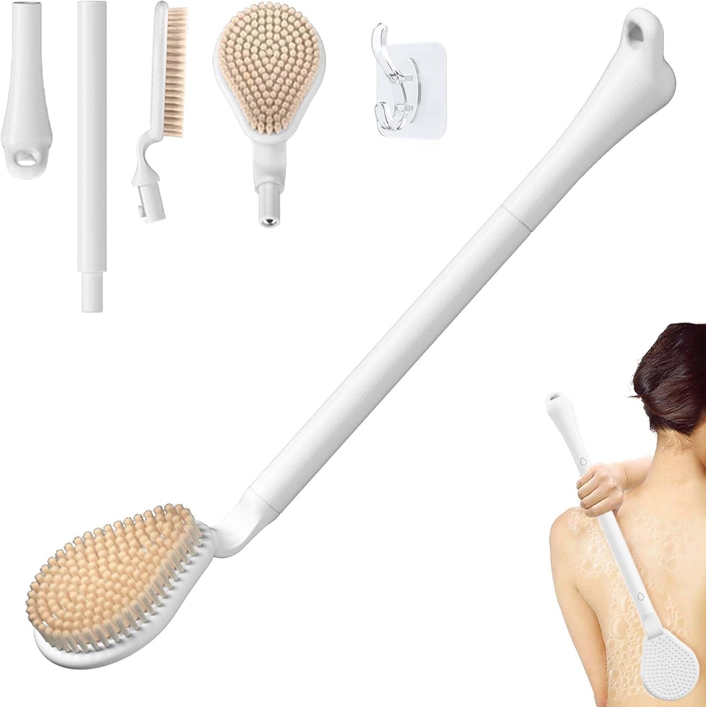 Back Scrubber for Shower, 19’’ Detachable Long Handle Shower Body Scrubber for Wet or Dry Brush, Adjustable 2-in-1 Back & Body Brush with Medium Soft Bristles for Deep Cleaning(White)