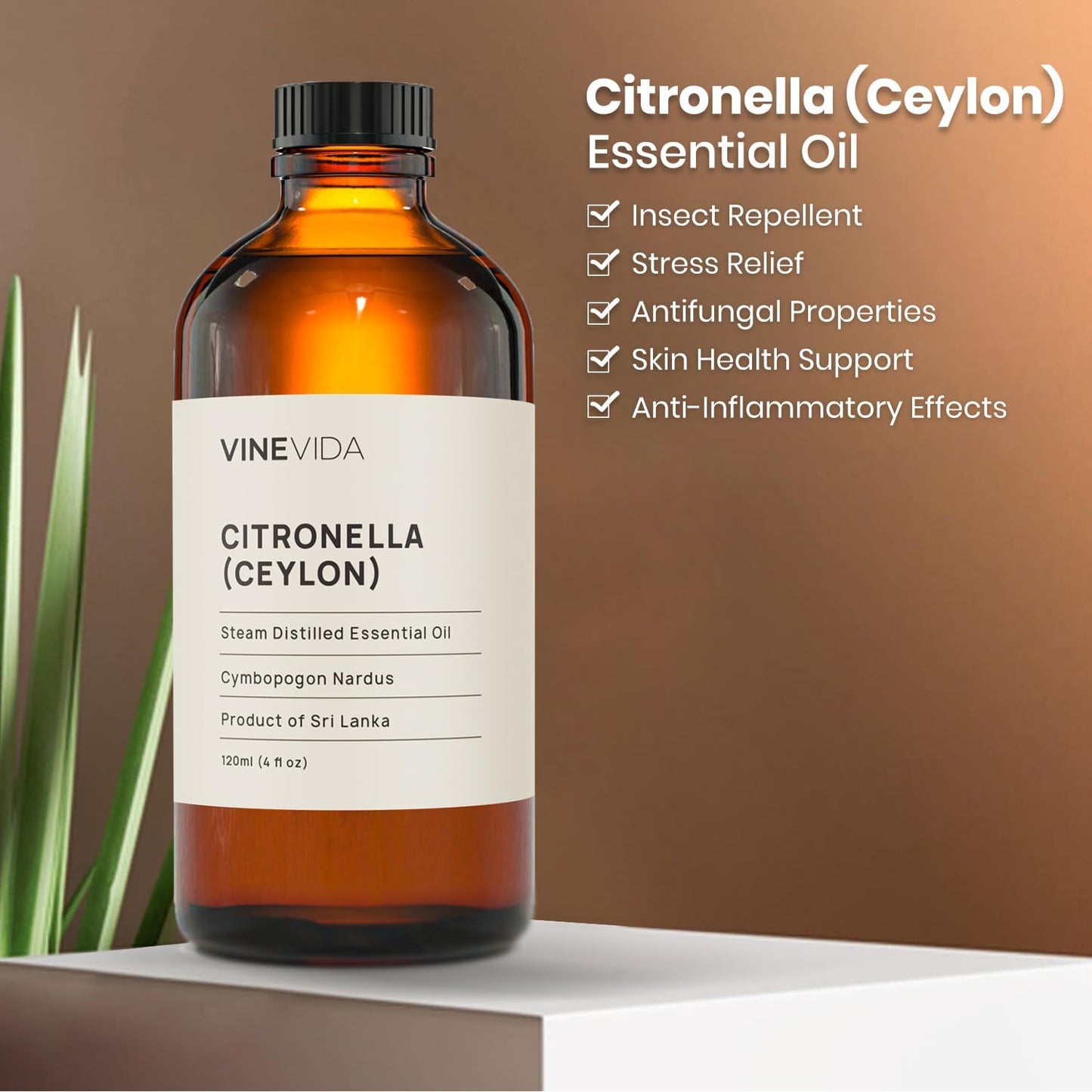 VINEVIDA Citronella Ceylon Essential Oil 4 oz - Undiluted Citronella Oil 4 oz - Citronella Candle Oil Scent - DIY Candle Scents for Candlemaking - Bulk Essential Oil for Soap Making Safe for Skin
