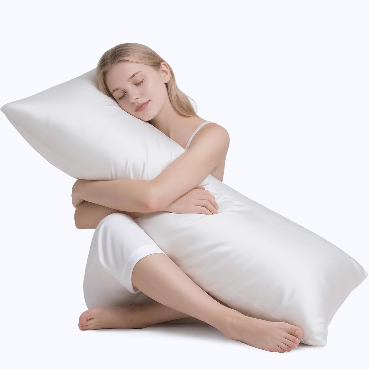 MR&HM Satin Body Pillow Cover, Soft and Breathable Body Pillow Case with Envelope Closure, Cooling and Silky Long Pillowcase for Hair and Skin,Grey (20x54, White)