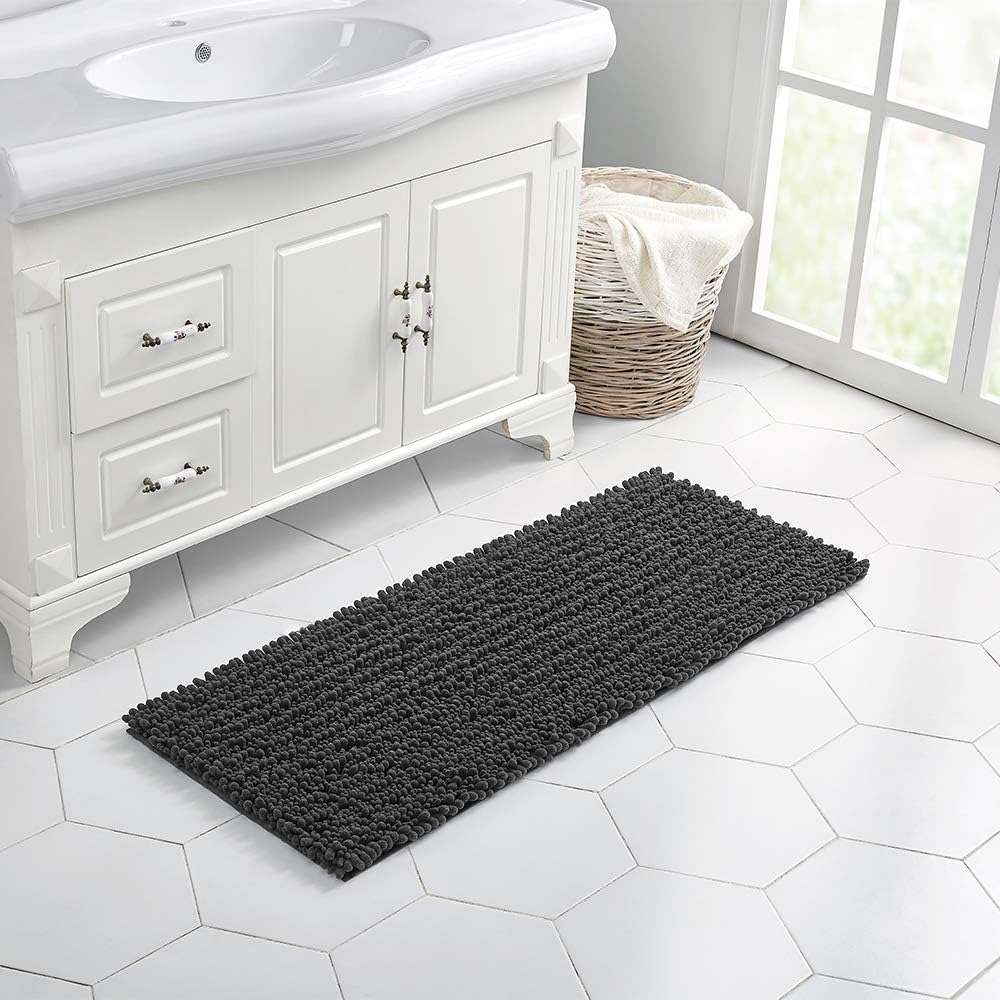 Walensee Bathroom Rug Non Slip Bath Mat (44x24 Inch Dark Grey) Water Absorbent Super Soft Shaggy Chenille Machine Washable Dry Extra Thick Perfect Absorbant Best Large Plush Carpet for Shower Floor