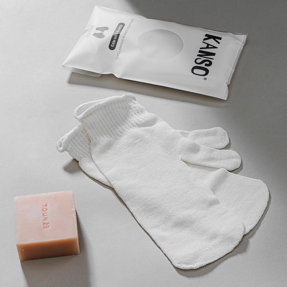 KANSO Exfoliating SONMOA Shower Towel – Natural Viscose Glove for Gentle Exfoliation, Chemical-Free, Hand-Sewn, Made in Korea (2-Pair Set)