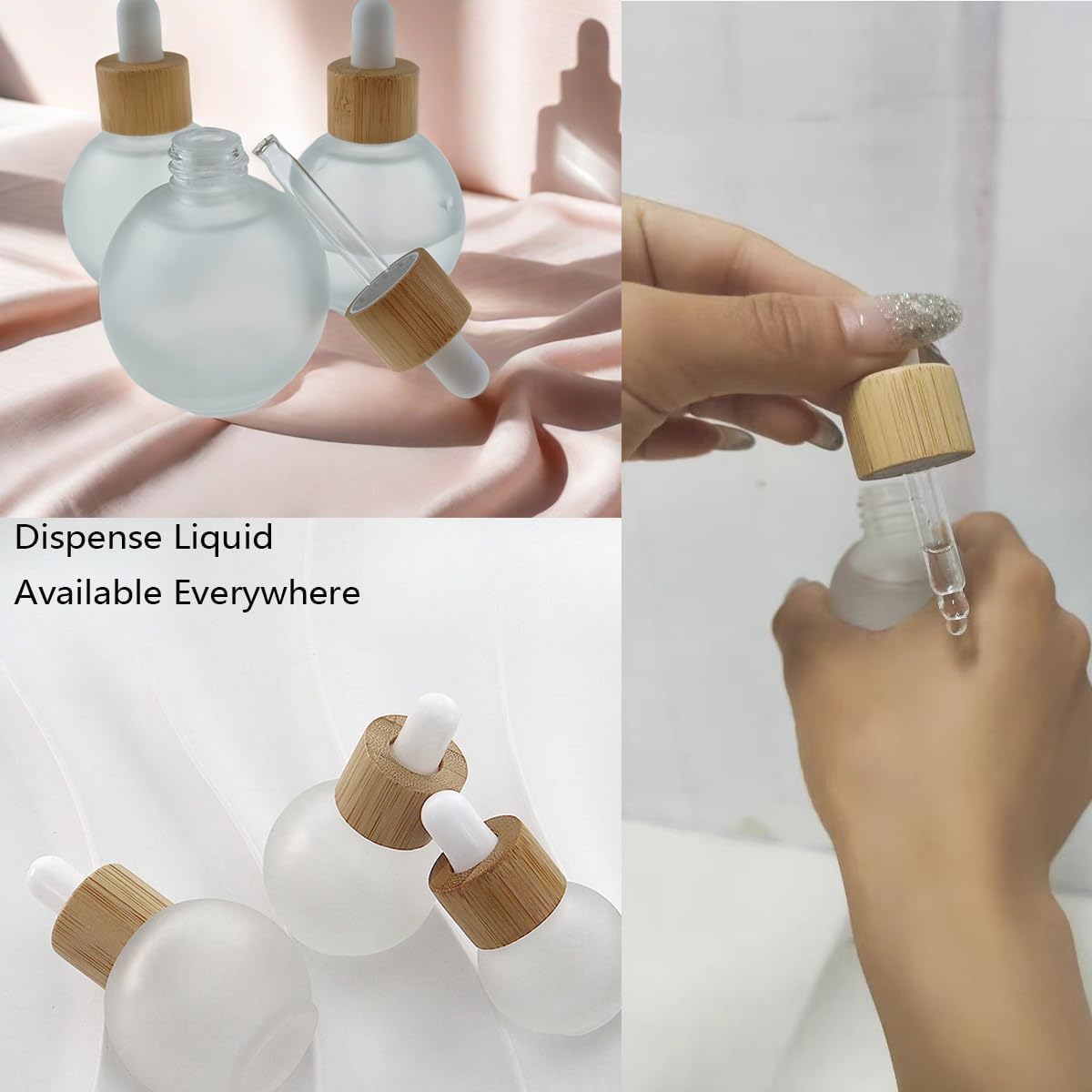 Frosted Glass Dropper Bottles, 50ml Small Bulb Shape Essential Oil Dropper Bottle Perfume Dispenser Bottle with Dropper and Bamboo Lid for Essential Oils, Perfumes and Other DIY Liquids(4Pcs)
