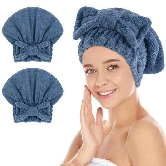 SUNLAND Large Microfiber Hair Drying Caps with Bow knot Fast Drying Shower Cap Soft and Absorbent hairWrap Hair Turban Bath Caps for Curly Thick and wet Hair 11 X 13.4 inch 2 Pack Dark Blue