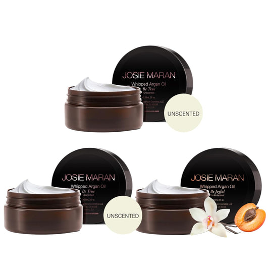 Josie Maran Whipped Argan Oil Body Butter Trio - Skin Firming Cream with Whipped Shea Butter & Avocado Oil - 3-Piece Body Butter Gift Set - Unscented (2 x 2 Oz) & Vanilla Apricot (2 Oz)