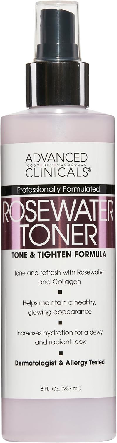 Advanced Clinicals Collagen + Rosewater Facial Mist Toner W/Charcoal & Aloe Vera. Alcohol-Free PH Balancing Formula Detoxifies & Hydrates Skin Improving Overall Skin Tone, Calming Face Mist, 8 Fl Oz