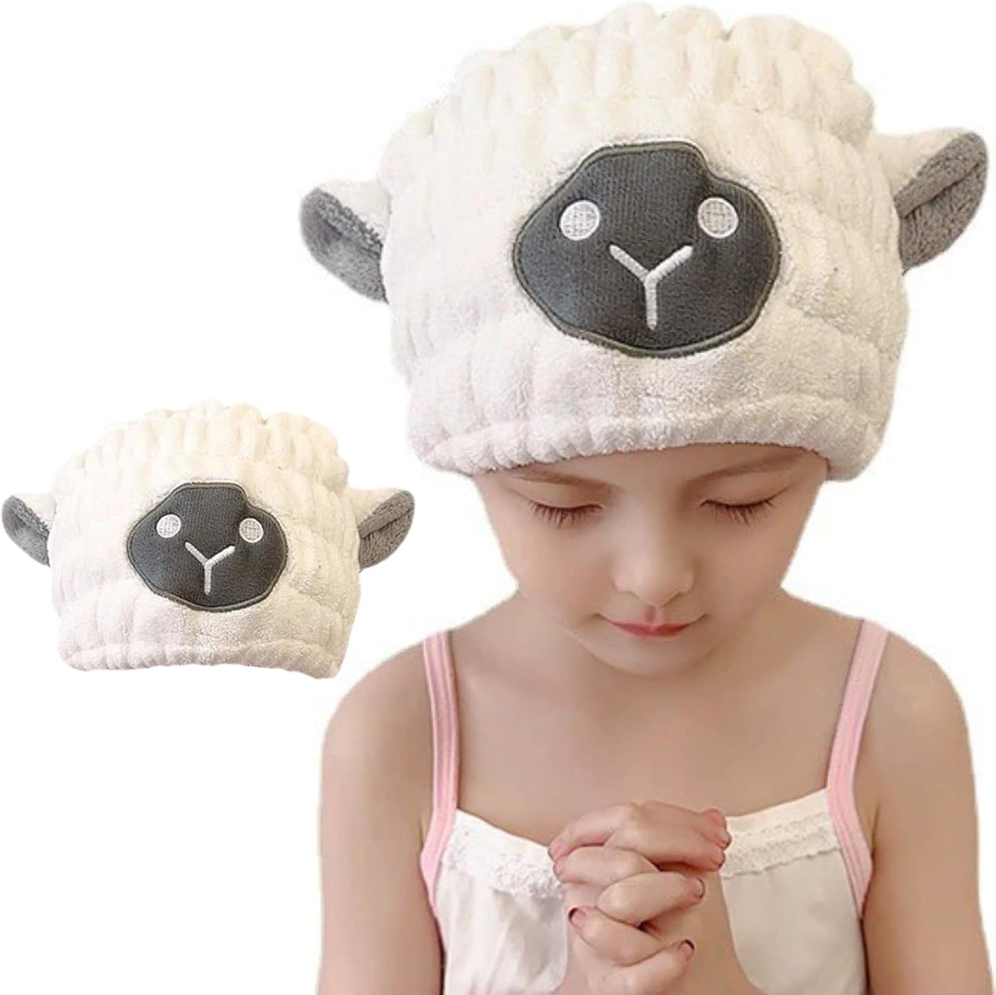 Microfiber Hair Towel Wrap for Kids, White Sheep Dry Hair Cap Suck Water, Absorbent Quick Girls Boys Hair Drying Towel, Lightweight Bouncy Hat Headscarf