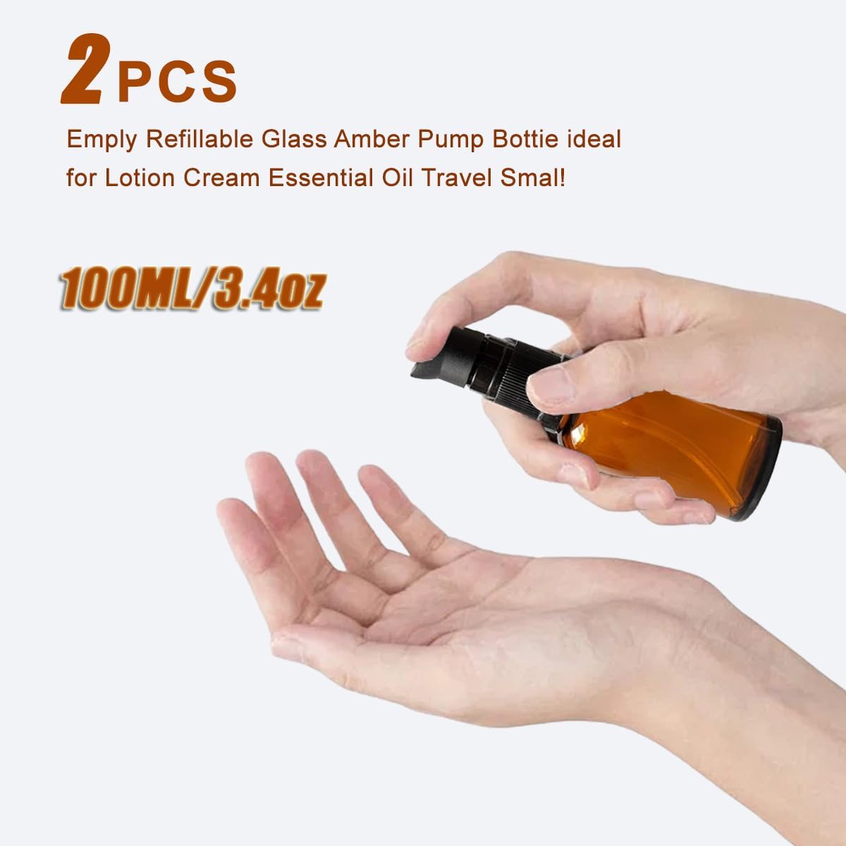2PCS Upscale Amber Glass Refillable Pump Press Lotion Bottles Container Jars Pot For Makeup Foundations Cosmetic Skin Care Cream Emulsion Essential Oils(100ml / 3.4oz)