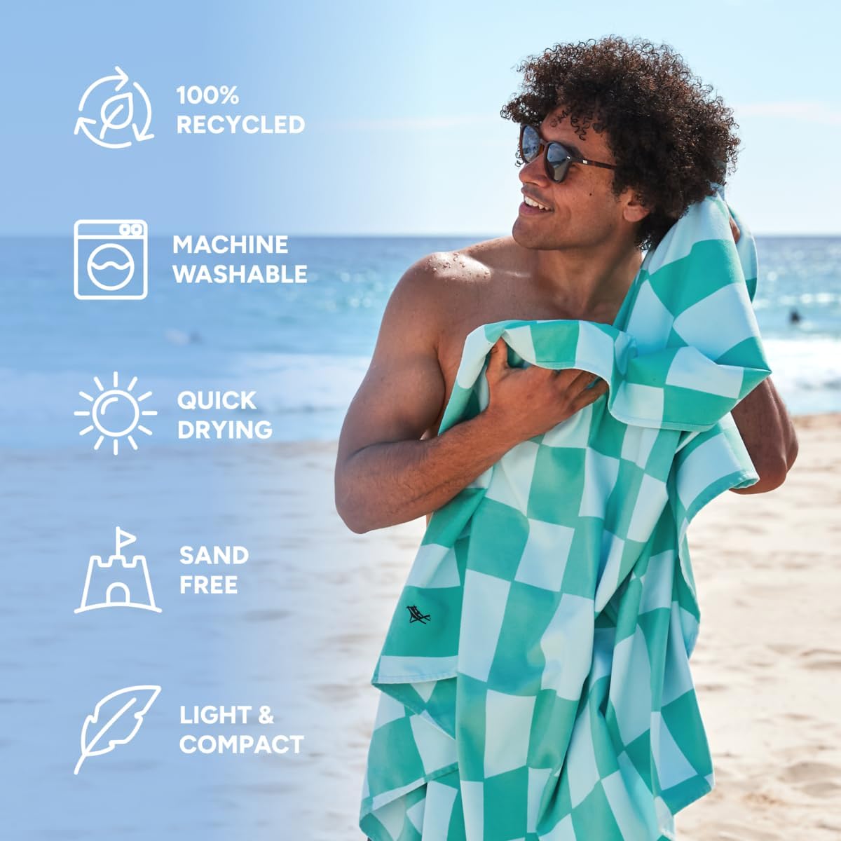 Dock & Bay Beach Towel - Quick Dry, Sand Free - Compact, Lightweight - 100% Recycled - Includes Bag - Check Mate - Large (160x90cm, 63x35)