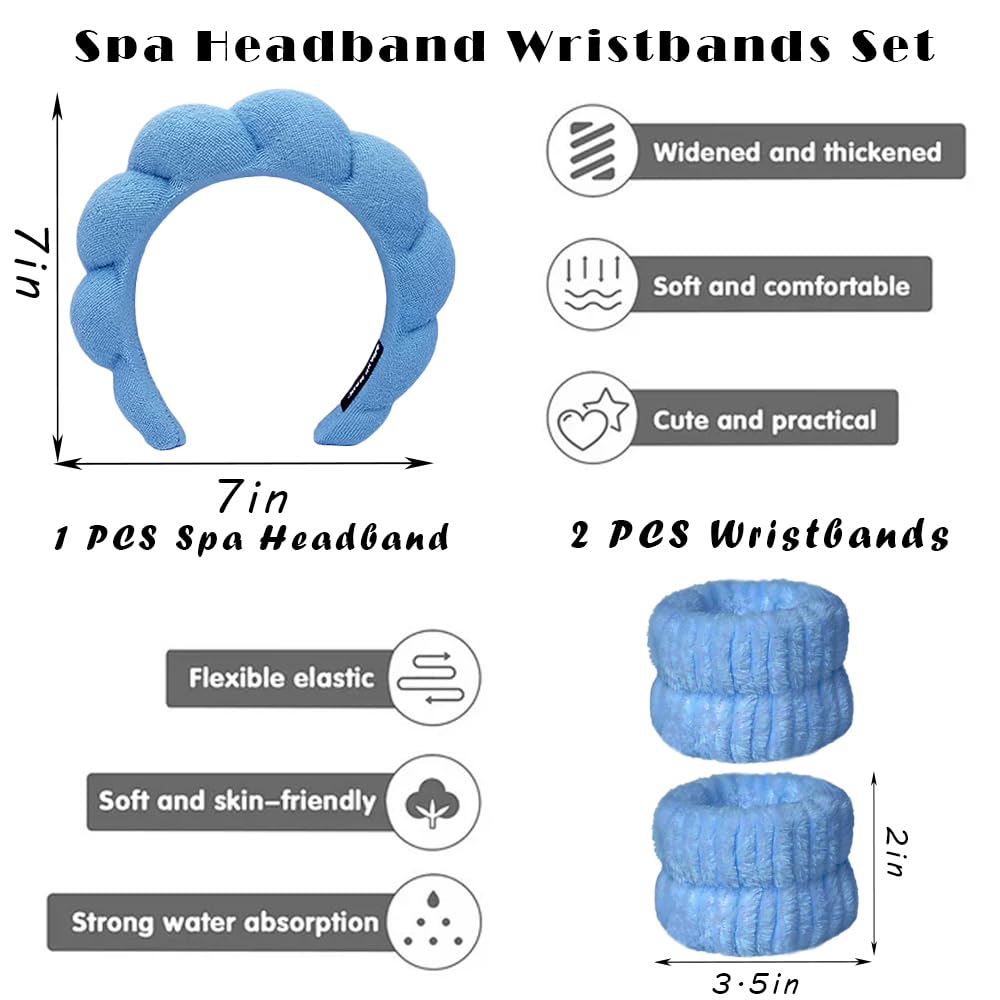 Spa Headbands for Washing Face Wristband Set Sponge Makeup Skincare Headband Wrist Towels Bubble Soft Terry Towel Cloth Hairband for Women Puffy Headwear Non Slip Thick Thin Hair Headwear (Dark blue)