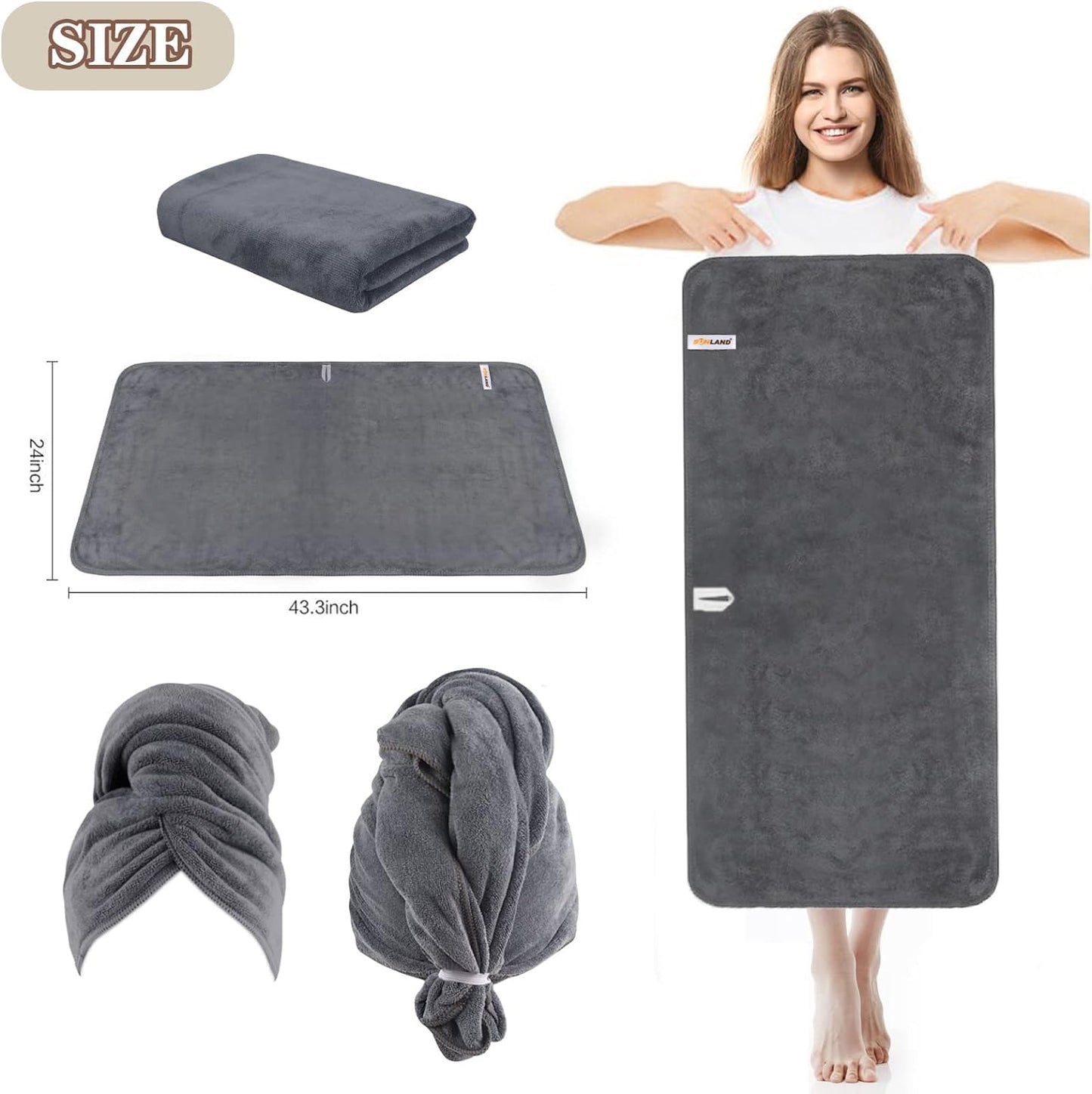 SUNLAND Microfiber Hair Towels Anti Frizz Hair Drying Towel Super Absorbent Fast Drying Turbans for Wet and Curly Soft Head Towel Wrap with Elastic Band 24 inch X 43 inch Grey