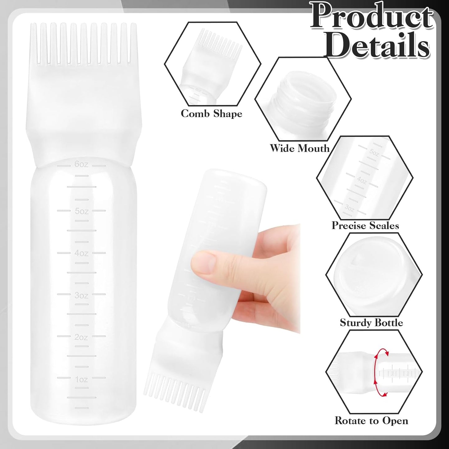2 Pack Root Comb Applicator Bottle 6 OZ Hair Oil Applicator Bottle for Scalp with Massage Comb for Shampoo Scrubber Applicator,Hair Dye Tools(Black, white)