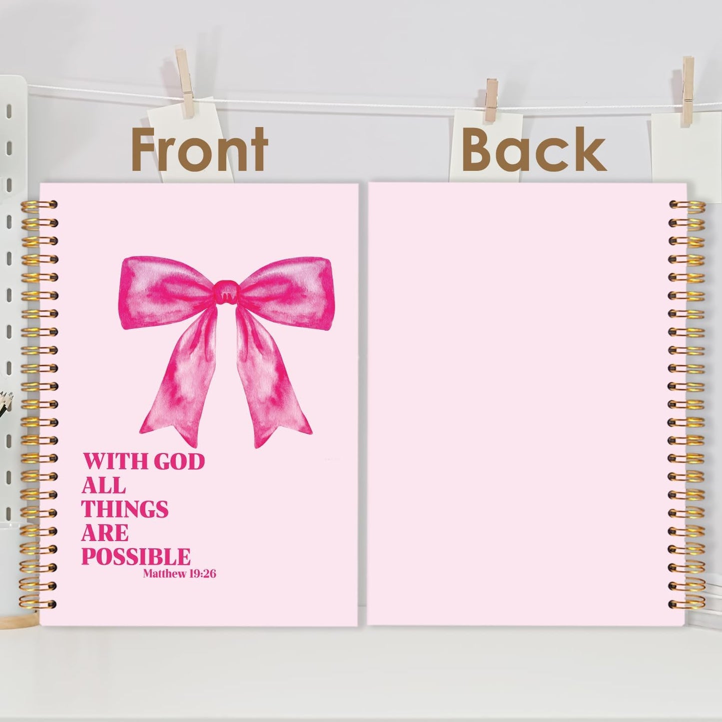 FDHSPAAM Coquette Pink Bow Christian Spiral Journal Notebook 5.5x8.3in, with God All Things Are Possible Inspirational Prayer Journal for Woman, Inspirational Bible Notebooks for Note Taking
