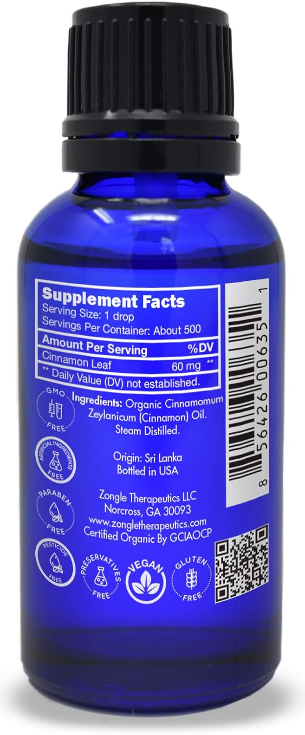Organic, Cinnamon Essential Oil, Food Grade, for Candy, Cooking, Baking – 100% Pure, Edible, Cinnamon, Leaf, Oil, by Zongle Therapeutics, 1 OZ