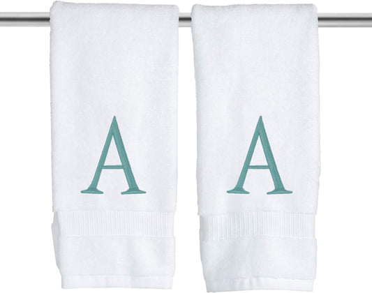 Teal Monogrammed Hand Towels for Bathroom - Teal and White Luxury Hotel Quality Personalized Initial Decorative Embroidered Towel for Powder Room, Spa - GOTS Organic Certified - Set of 2 Letter A