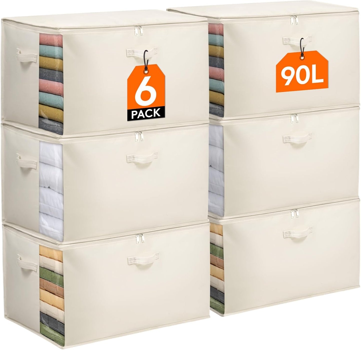 Lifewit Large Canvas Cotton Comforter Storage Bags with Zipper 6 Pack, 90L Breathable Foldable Clothing Containers, Linen Sweater Organizers Boxes for Clothes, Blankets, Pillows, Duvets, Bedding