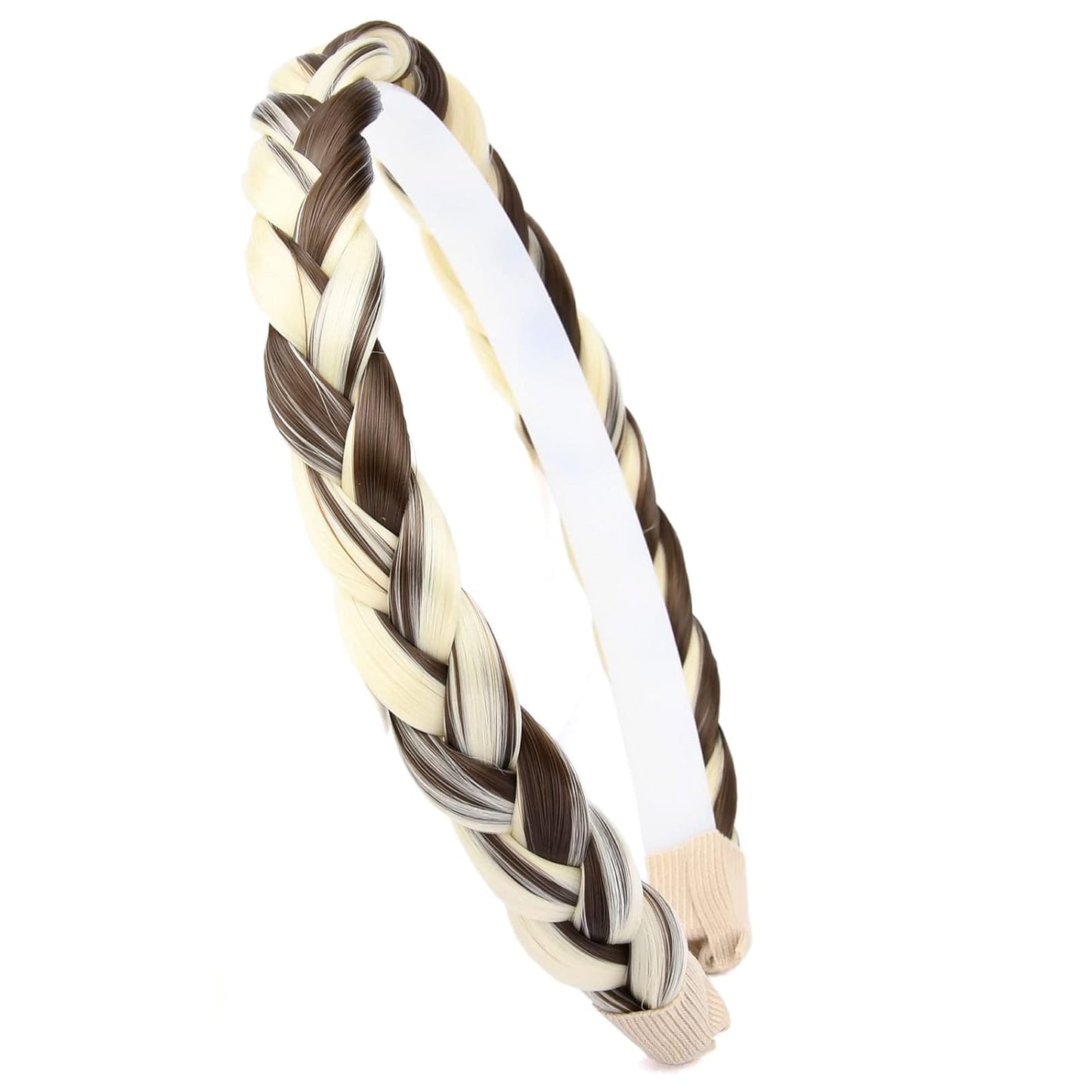 DIGUAN Width 0.6 inches Narrow Synthetic Hair Plaited Headband Braid With Teeth Hair Band Accessories for Women Girl (dark brown mix white blonde)