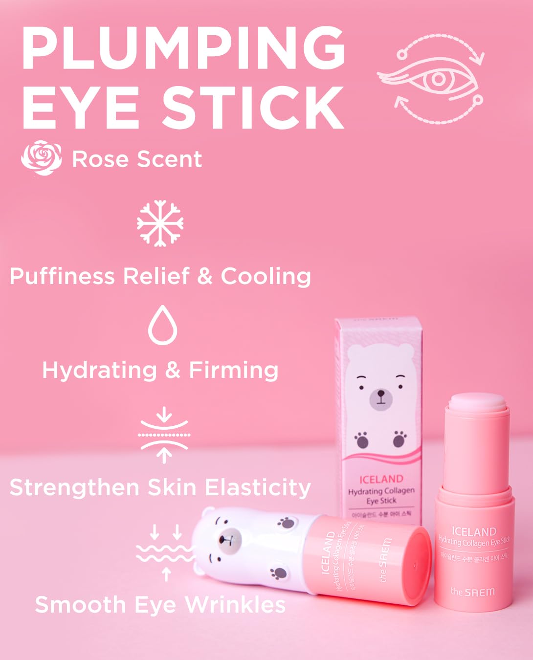 THESAEM Iceland Hydrating Collagen Eye Stick 0.24oz - Anti-wrinkle Moisturizing Eye Balm for Saggy Skin – Under Eye Treatment - Balm to Smooth Skin Texture - Rose Scent