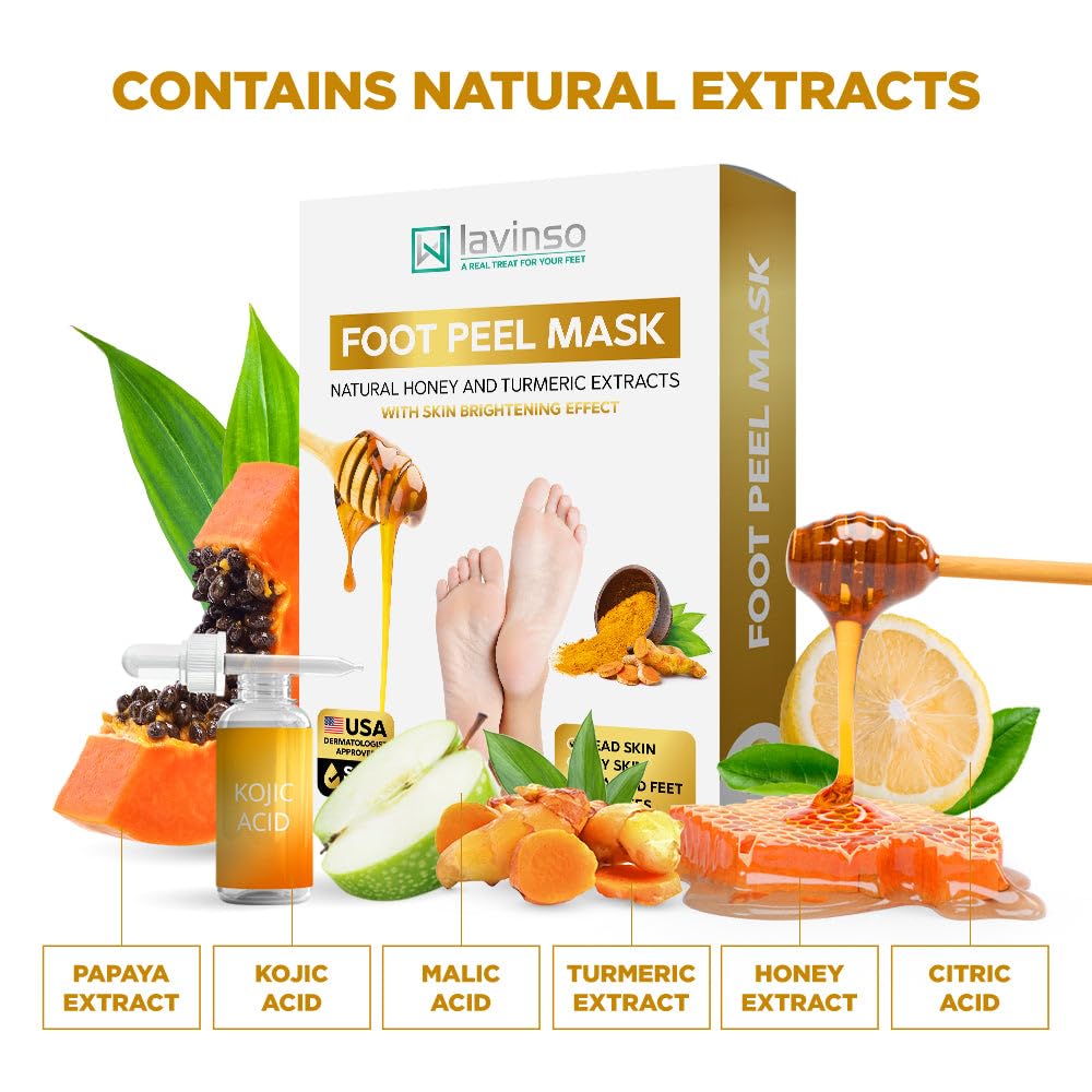 Lavinso Honey Foot Exfoliator Peeling Mask for Dry Cracked Feet - 2 Pack - Remove Dead Skin and Callus - Foot Peel Mask for Baby Soft Feet