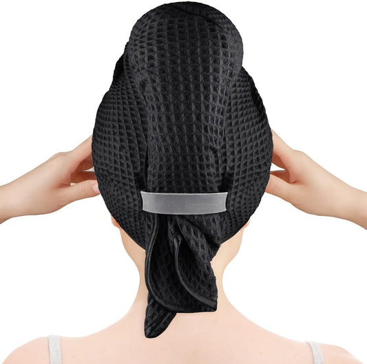 GLIMGLINT 2 Pack Large Microfiber Hair Towel Wrap for Women, Super Soft Hair Drying Towel, Fast Drying Waffle Hair Towel Wrap with Elastic Strap 40"X26.5" (Black)