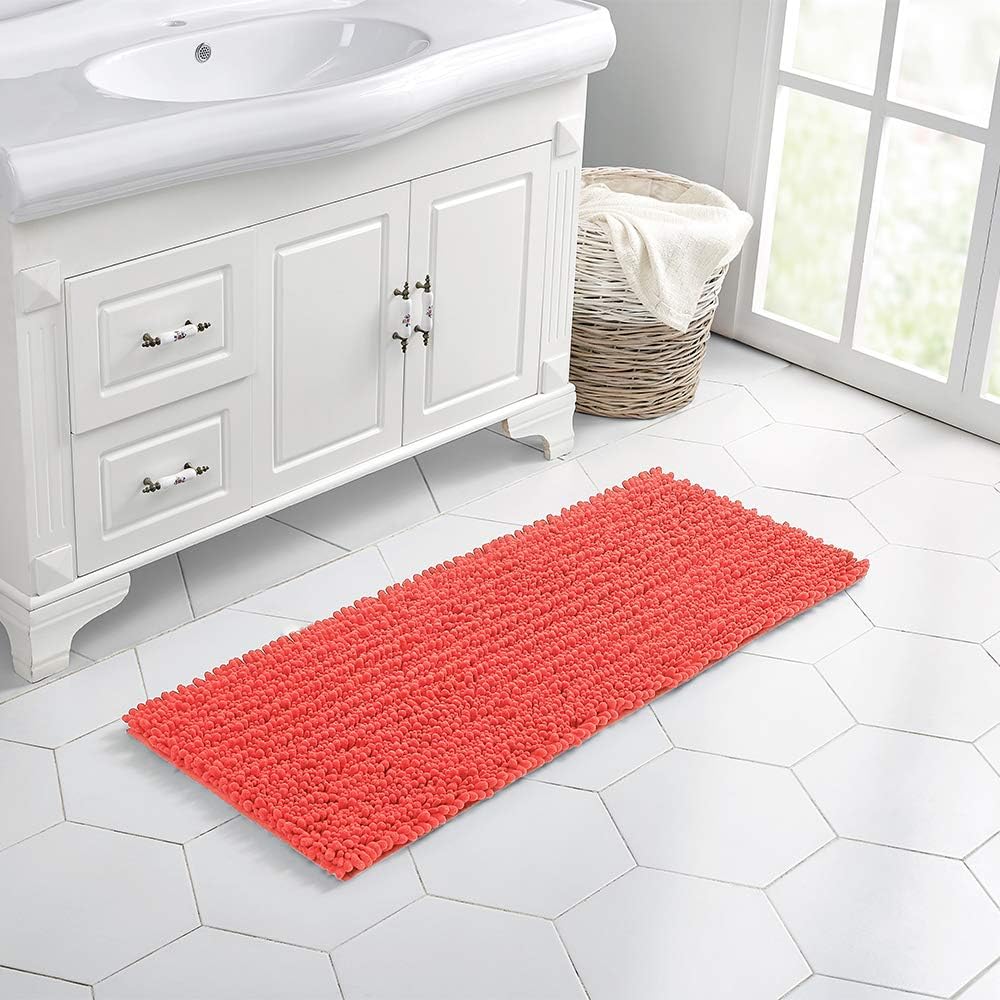 Walensee Large Bathroom Rug Non Slip Bath Mat (24x60 Inch Coral) Water Absorbent Super Soft Shaggy Chenille Machine Washable Dry Extra Thick Perfect Absorbant Best Plush Carpet for Shower Floor