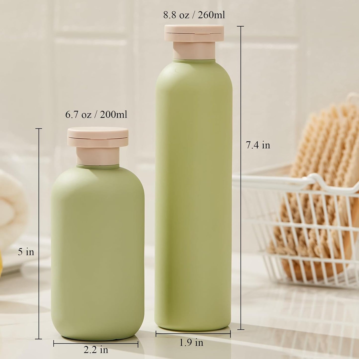 Qeuly Squeeze Bottles with Pump Dispenser and Flip Cap, 8.8 oz Refillable Travel Containers for Toiletries, Plastic Travel Shampoo and Conditioner Bottles (Green 260)