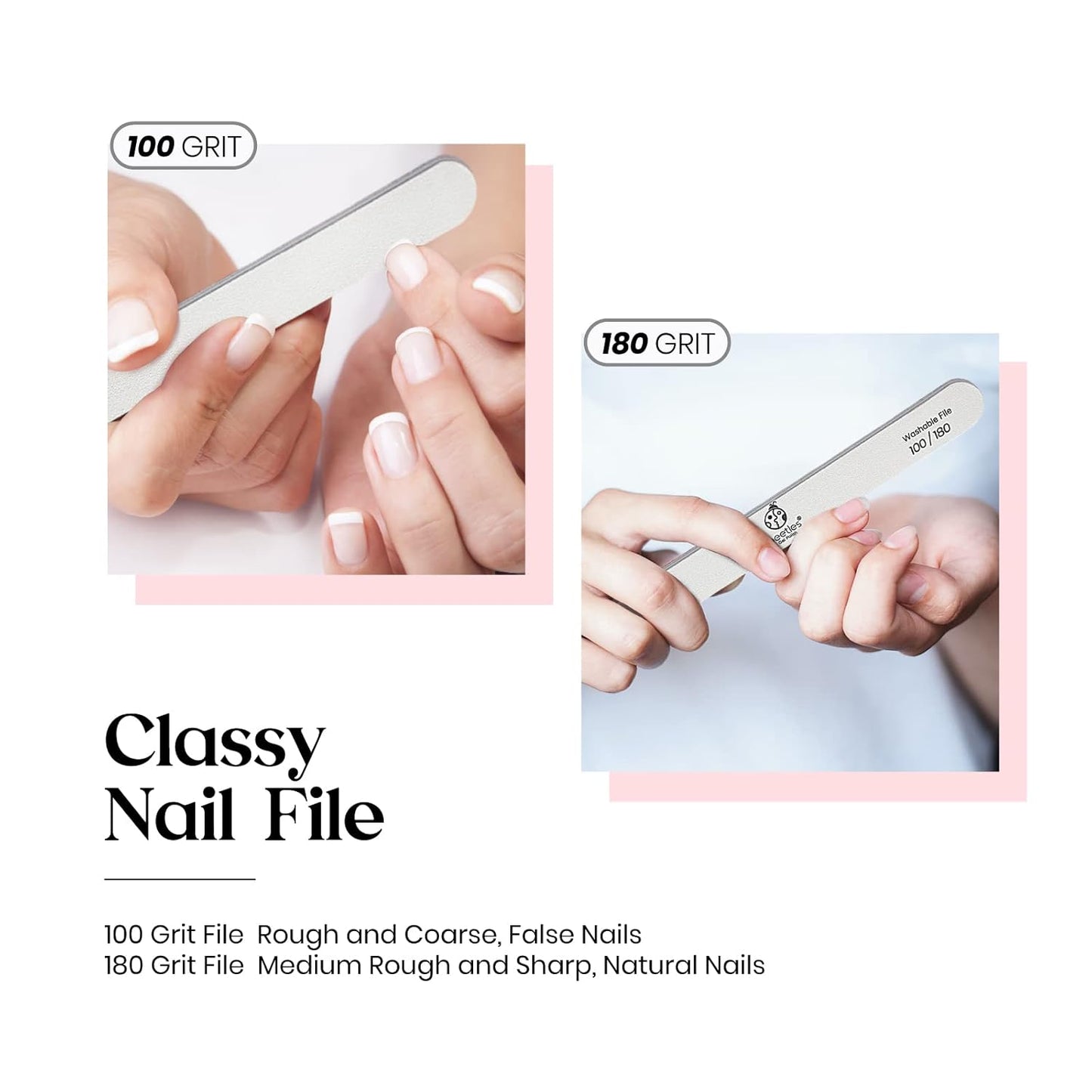 Beetles 10 PCS Professional Nail File Set, Double Sided Emery Board 100/180 Grit Nail Files Manicure Tools Kit for Home and Salon Use Acrylic False Nails