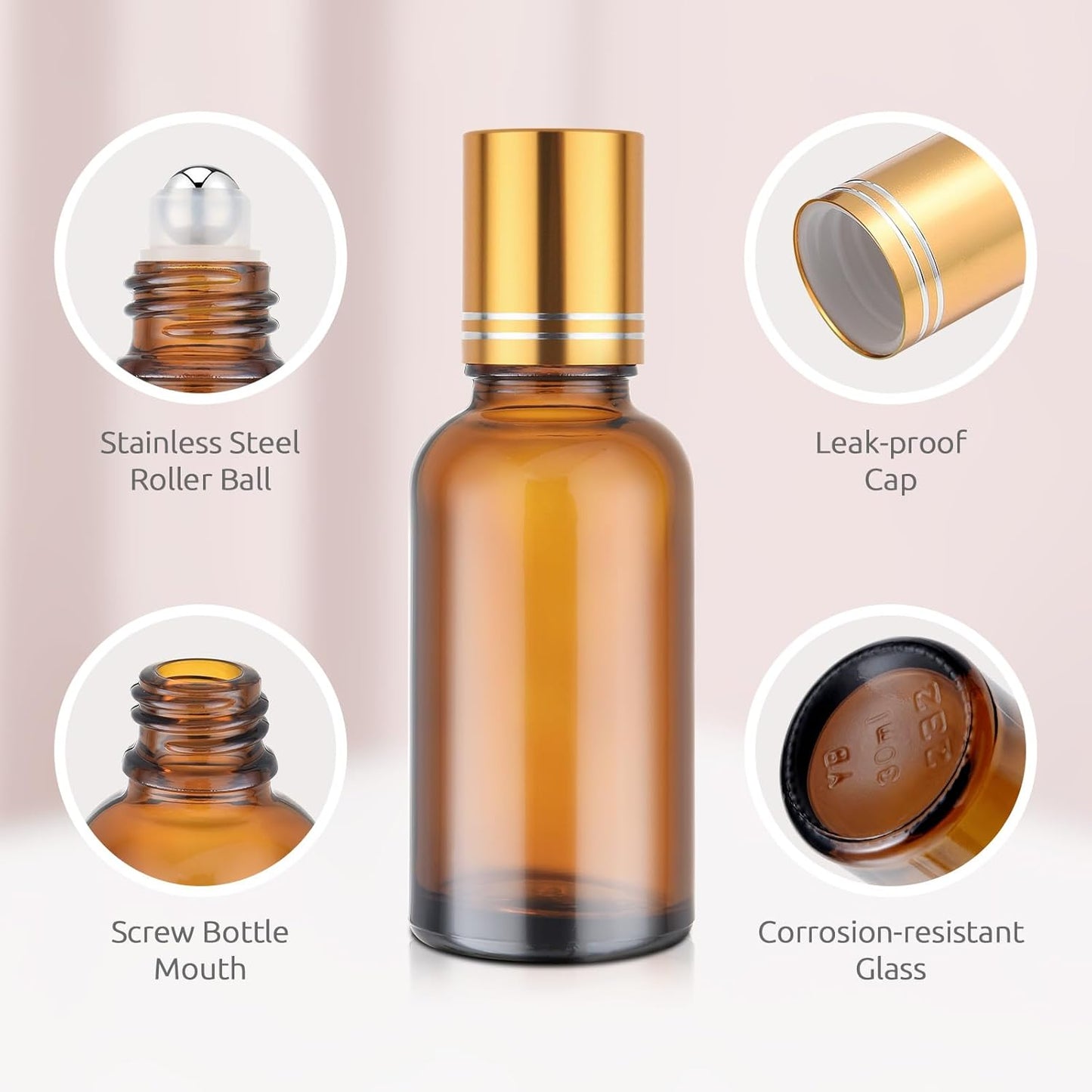 4-Pack 1 oz (30ml) Amber Glass Roller Bottles for Essential Oils | Refillable Roll-On with Stainless Steel Rollers | Leakproof, UV Protection
