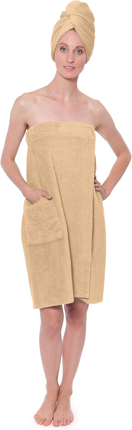 TexereSilk Women's Towel Wrap - Rayon Spa Wrap Set (The Waterfall, Almond Buff, Small/Medium)