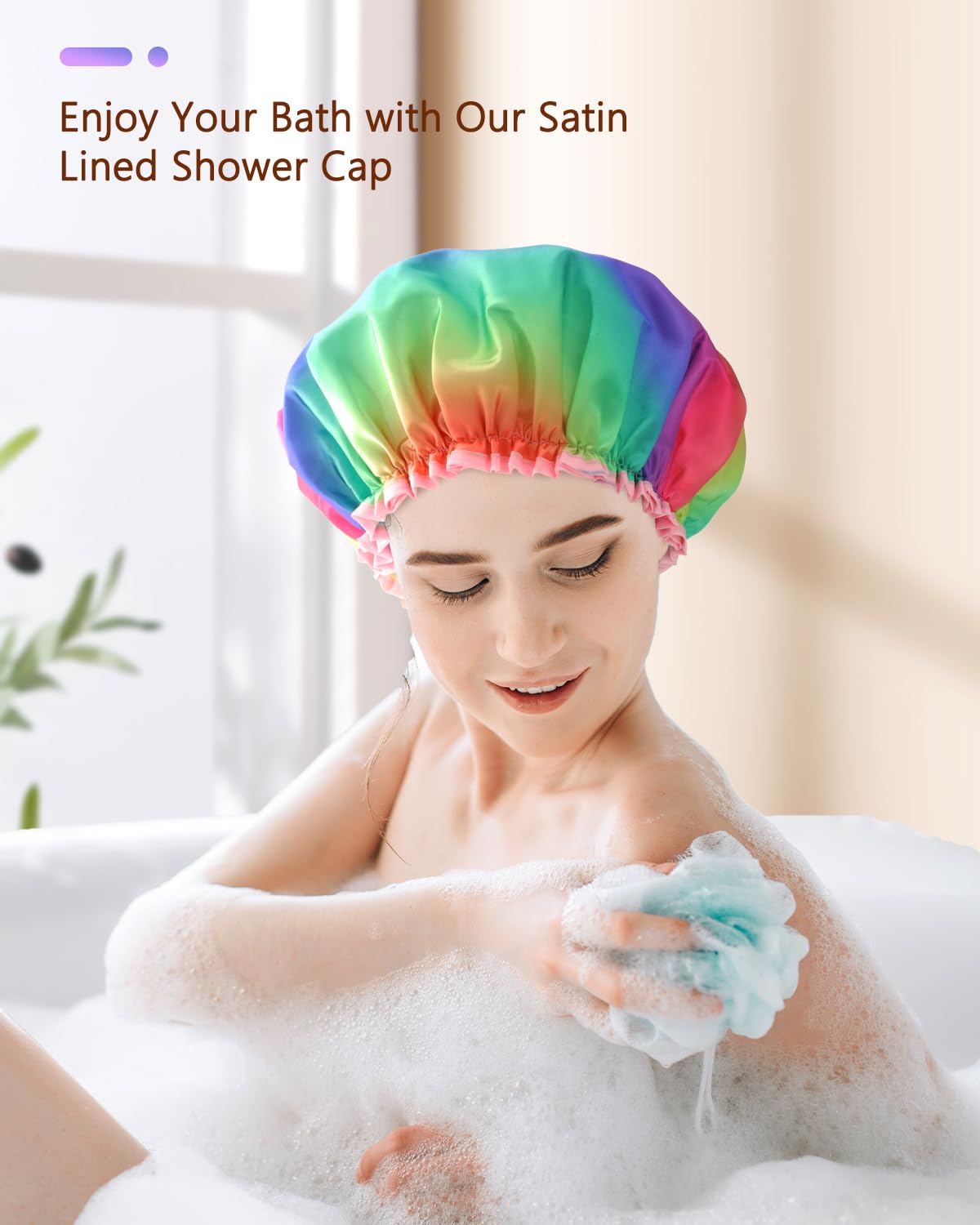 mikimini Shower Cap for Women Long Hair, 2 Pack,Double Layer Waterproof, X-Large, Reusable, Washable, No Smell, Rainbow Fashion Shower Cap