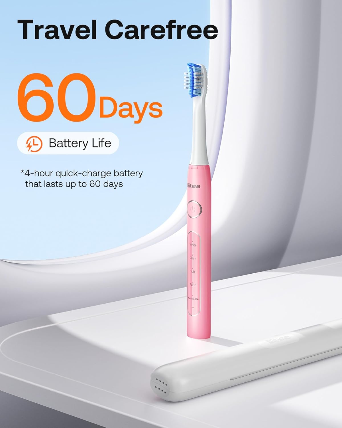 Bitvae Ultrasonic Electric Toothbrush for Adults and Kids, ADA Accepted Travel Electric Toothbrush with Rechargeable 60-Day Battery Life, 8 Heads, 5 Modes, Case/Holder, Quartz Pink