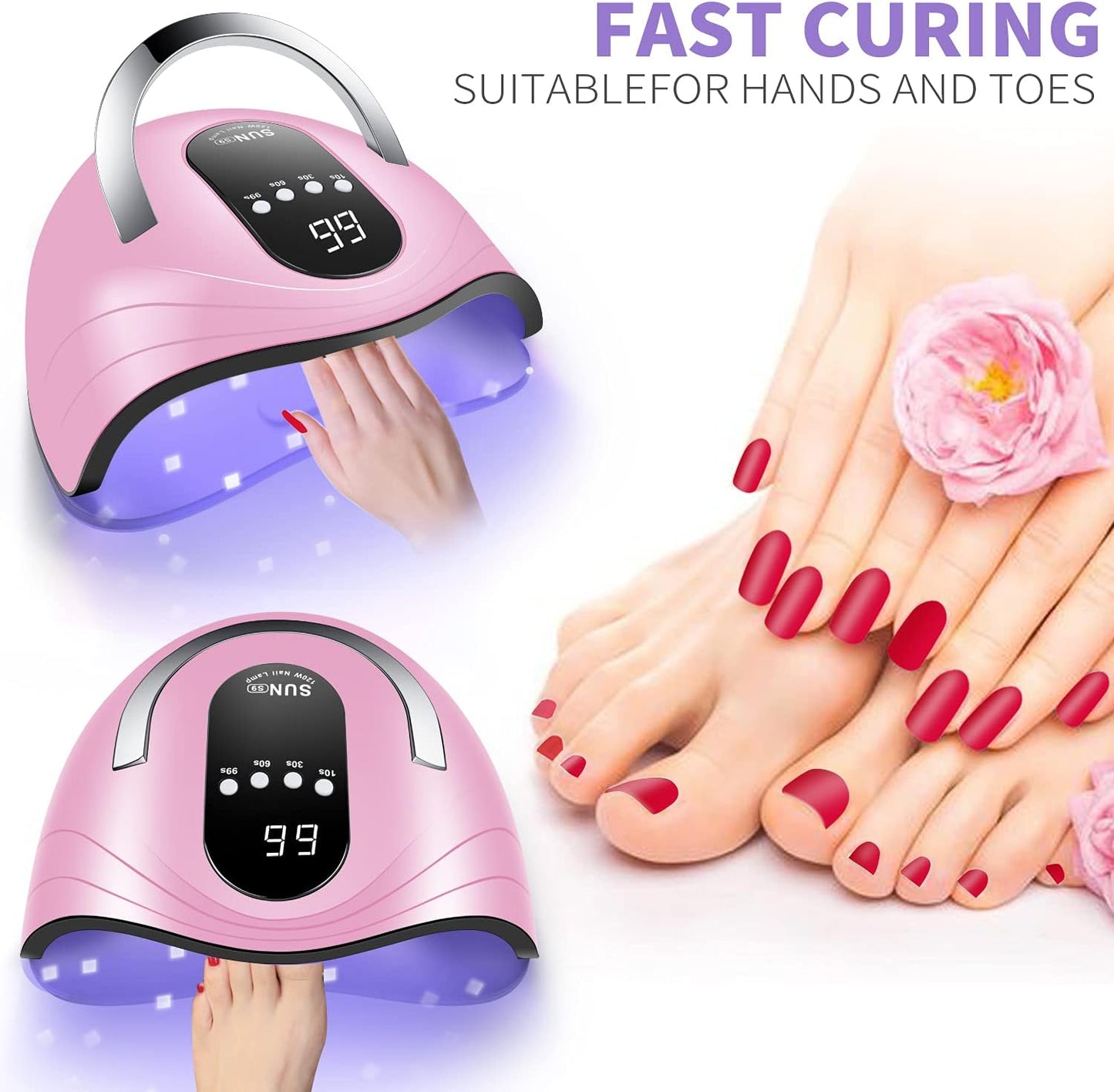 UV Gel Nail Lamp 120W LED Nail Light Fast Nail Dryer for Gel Polish Curing with 4 Timers Portable Handle Large Space Automatic Sensor(Pink)