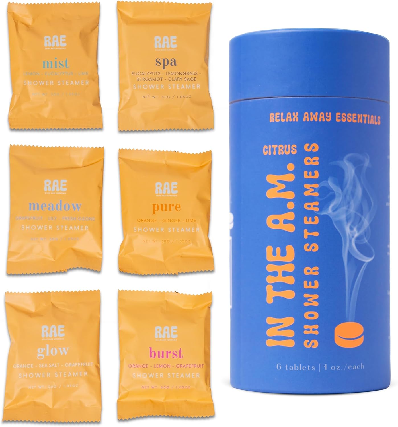 Relax Away in The A.M. Shower Steamers 6 Pack - Energizing Citrus Blends - Pure, Burst, Mist, Glow, Meadow, Spa - Uplifting & Rejuvenating - Essential Oil Aromatherapy - User-Friendly Set