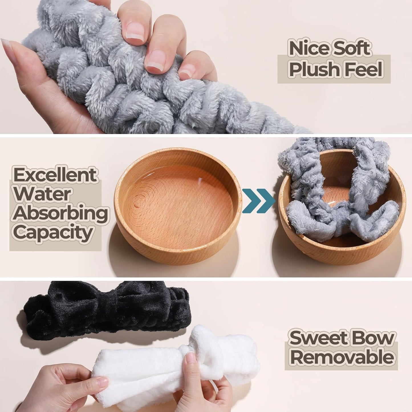 LEOBRO Spa Headband for Skin Care and Makeup, Women Teen Girls Headband for Washing Face, with Hair Scrunchies, Black & White & Gray