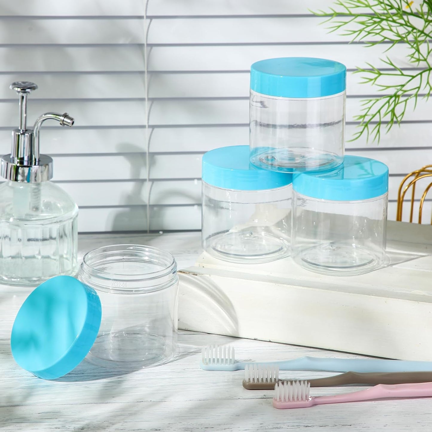 SATINIOR 12 Pack 12 oz Plastic Container Jars with Lids Round Clear Travel Cosmetic Container Slime Jars for Toiletries, Lotion, Cream, Ointments, Makeup, Rhinestone, Samples, Kitchen Storage(Blue)