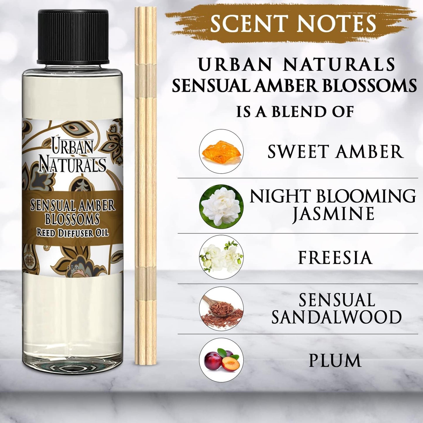 Urban Naturals Reed Diffuser Oil Refill, Sensual Amber Blossoms Fragrance Oil with Jasmine, Amber, Vanilla, 4 oz + Free Reed Sticks, Made in The USA