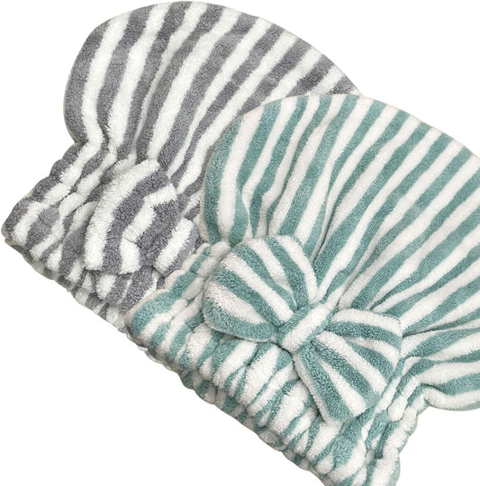 Jseng 2PC Microfiber Hair Drying Caps Stripe, Extrame Soft & Ultra Absorbent, Fast Drying Turban Hair Wrap Towels Thick Fluffy for Women