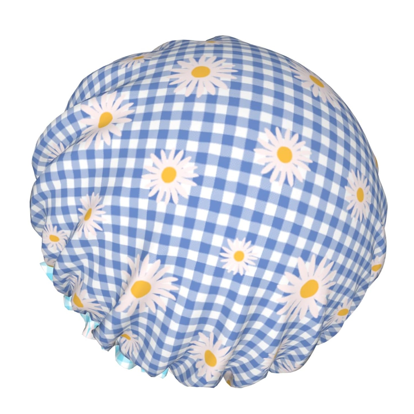 Blue Checkered Shower Caps for Women Daisy Flower Double Waterproof Layers Bath Hat Elastic Reusable Hair Cap for Shower Cooking Clean Makeup