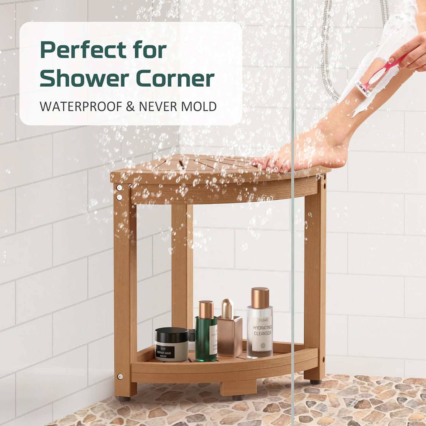 Corner Shower Stool for Inside Shower, HIPS Waterproof Shower Bench Seat Chair, Plastic Bath Shower Stool for Shaving Legs Foot Rest with Storage Shelf, Adjustable & Non-Slip Feet, Teak Brown