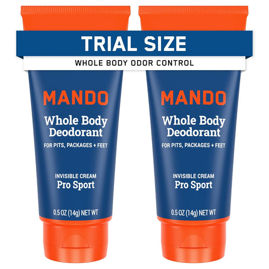 Mando Whole Body Deodorant - Mini Travel Size Invisible Cream Tube - 72 Hour Odor Control - Aluminum and Baking Soda Free, Skin Safe - .5 oz (Pack of 2) (Pro Sport)