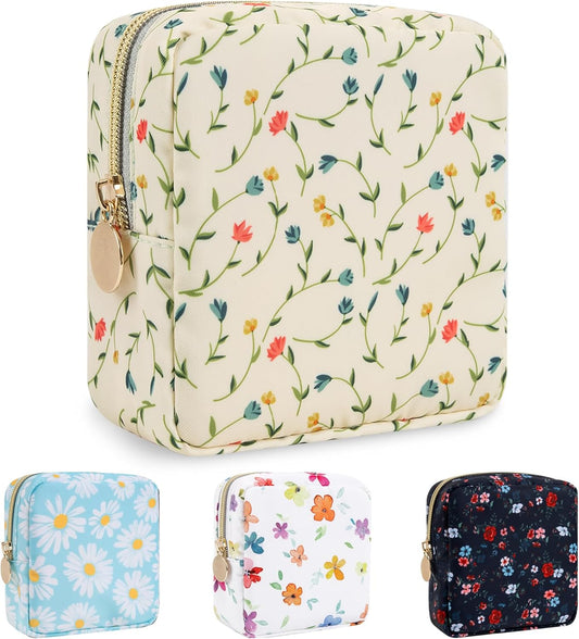Nylon Mini Floral Makeup Bag for Purse, Small Cute Makeup Bag Preppy Cosmetic Zipper Pouch, Waterproof Travel Set Coin Pouch Sanitary Napkin Storage Bag Makeup Organizer for Women(Light Yellow-Flower)