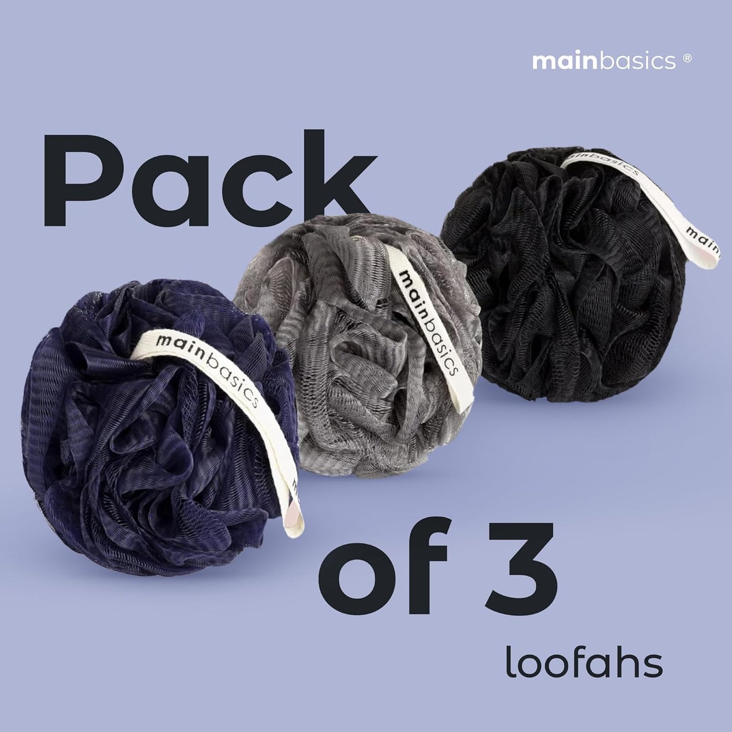 MainBasics Bath Shower Loofah Sponge Pouf Body Scrubber Exfoliator Body Wash Sponge (Set of 3, Black Ice)